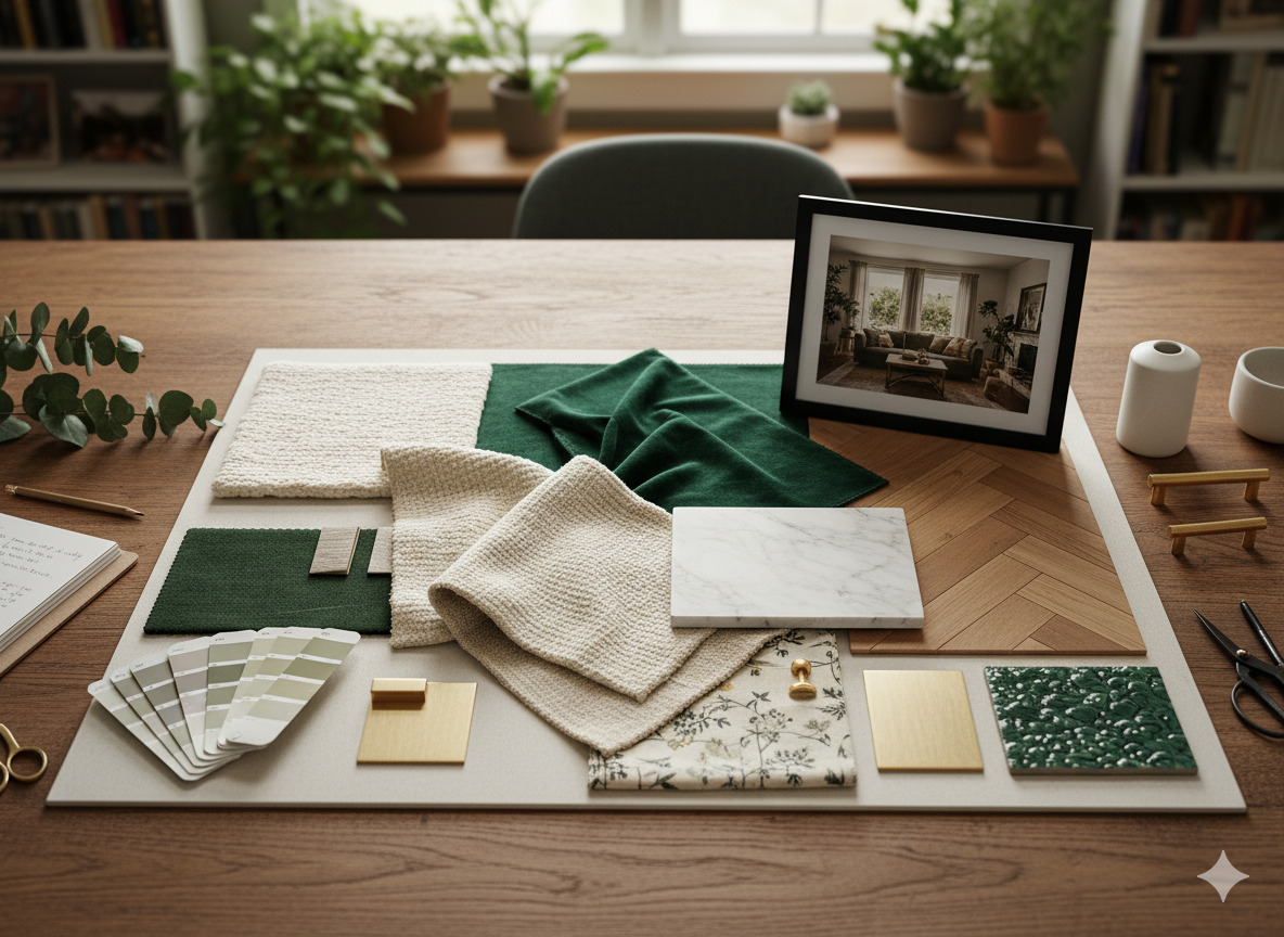 Color palette and material samples for interior design